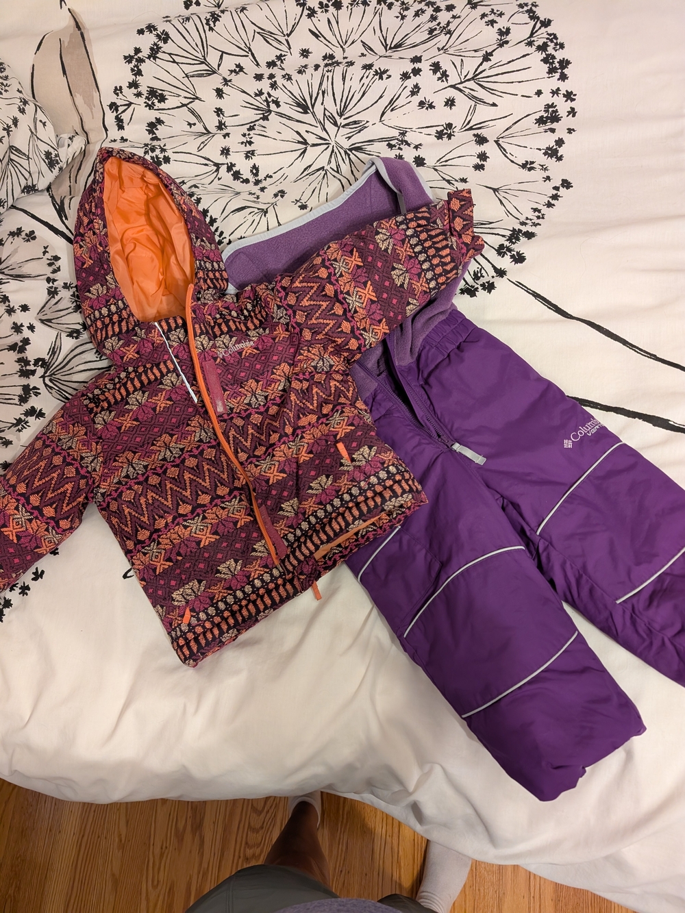 Columbia Purple Snow Pants & Patterned Hooded Jacket Set